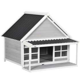 Wooden Dog House with Porch, Dog House Outdoor with Tilt Roof, Front Door, Windows for Medium Large Sized Dog