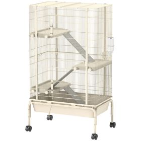 47inch Small Animal Cage, 4 Levels Large Rolling Metal Ferret Cage W 5.9Deep Tray, Ramps, Water Bottle, Food Dish, Beige
