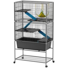 59" 5-Level Small Animal Cage, Rolling Ferret Cage with 6.3" Deep Tray, Non-Slip Cloth Covered Ramps, Hammock, Dark Gray