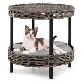2-Tier Rattan Cat Bed - Washable Padded Cushion, Metal Legs 66 Lbs Total Capacity, Gray Finish